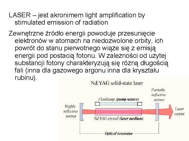 LASER – jest akronimem light amplification by stimulated emission of radiation Zewnętrzne źródło energii