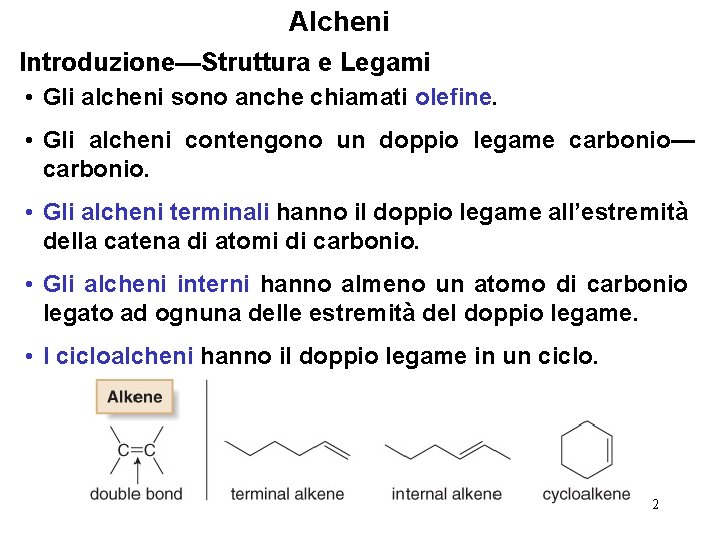 Alcheni Introduzione—Struttura e Legami • Gli alcheni sono anche chiamati olefine. • Gli alcheni