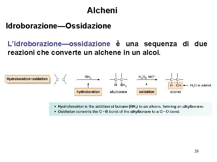 Alcheni Idroborazione—Ossidazione L’idroborazione—ossidazione è una sequenza di due reazioni che converte un alchene in