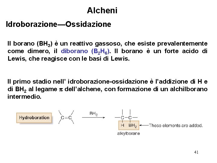 Alcheni Idroborazione—Ossidazione Il borano (BH 3) è un reattivo gassoso, che esiste prevalentemente come