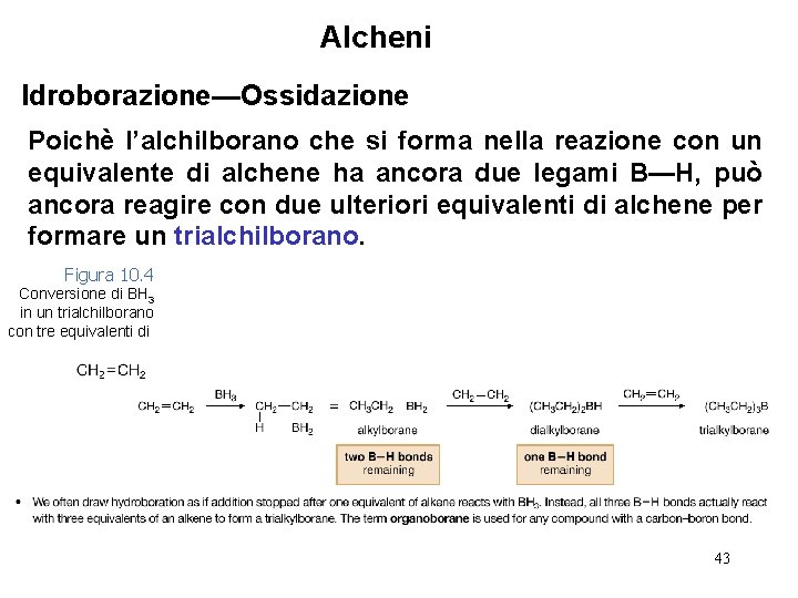 Alcheni Idroborazione—Ossidazione Poichè l’alchilborano che si forma nella reazione con un equivalente di alchene