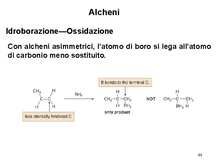 Alcheni Idroborazione—Ossidazione Con alcheni asimmetrici, l’atomo di boro si lega all’atomo di carbonio meno