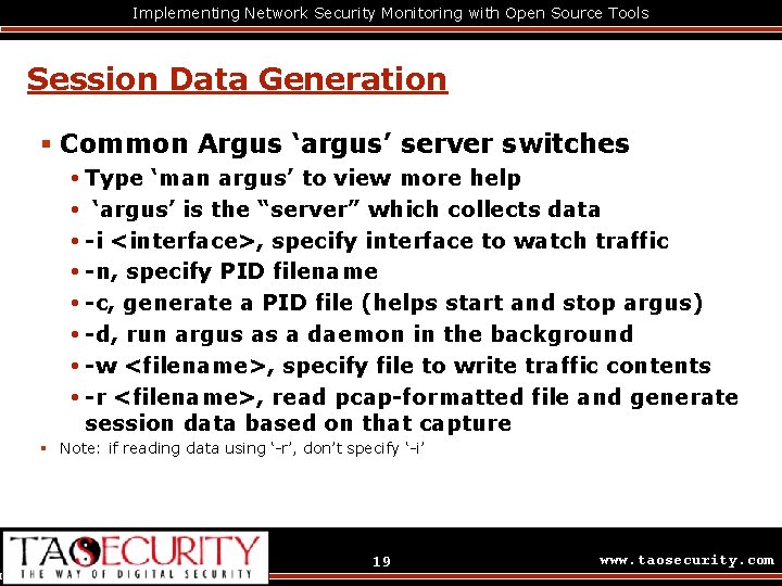 Implementing Network Security Monitoring with Open Source Tools Session Data Generation § Common Argus