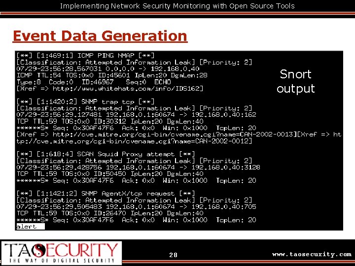 Implementing Network Security Monitoring with Open Source Tools Event Data Generation Snort output 28