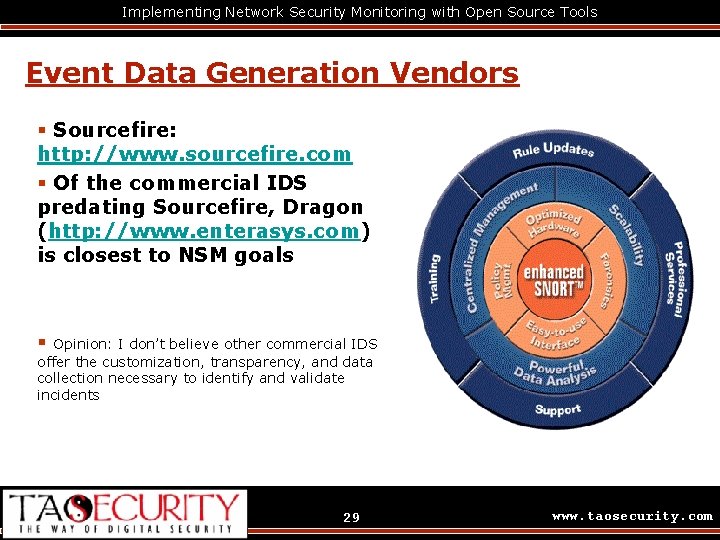 Implementing Network Security Monitoring with Open Source Tools Event Data Generation Vendors § Sourcefire: