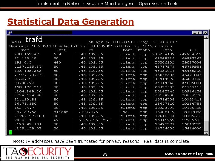 Implementing Network Security Monitoring with Open Source Tools Statistical Data Generation trafd Note: IP