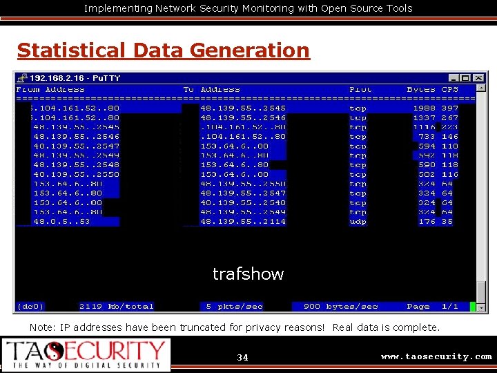 Implementing Network Security Monitoring with Open Source Tools Statistical Data Generation trafshow Note: IP