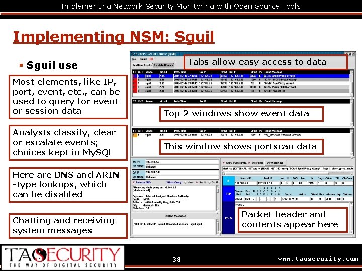 Implementing Network Security Monitoring with Open Source Tools Implementing NSM: Sguil Tabs allow easy