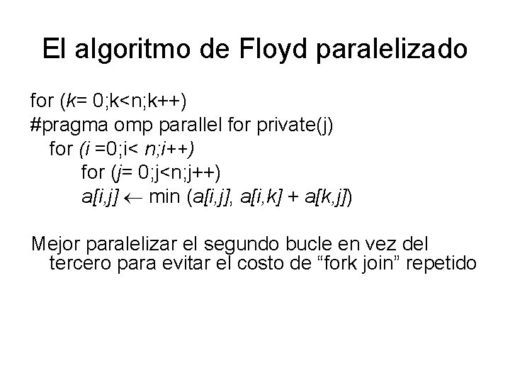 El algoritmo de Floyd paralelizado for (k= 0; k<n; k++) #pragma omp parallel for