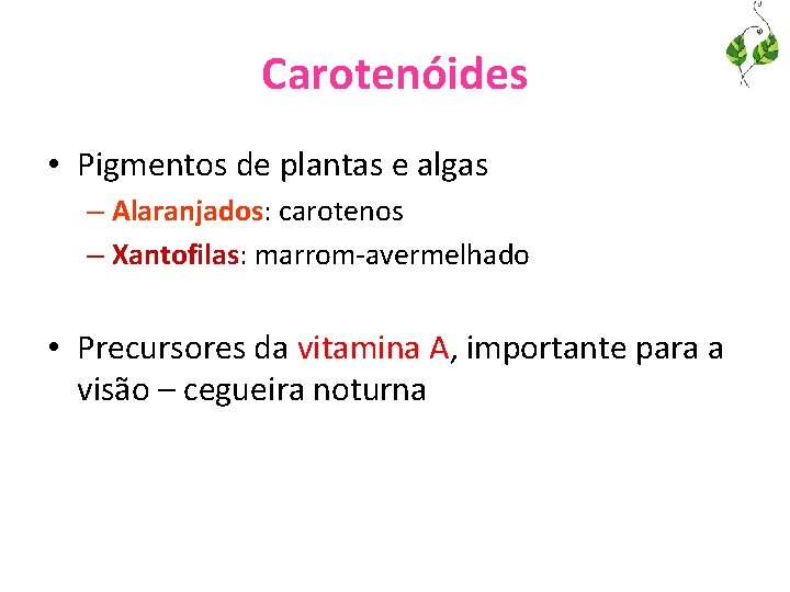 Carotenóides • Pigmentos de plantas e algas – Alaranjados: carotenos – Xantofilas: marrom-avermelhado •