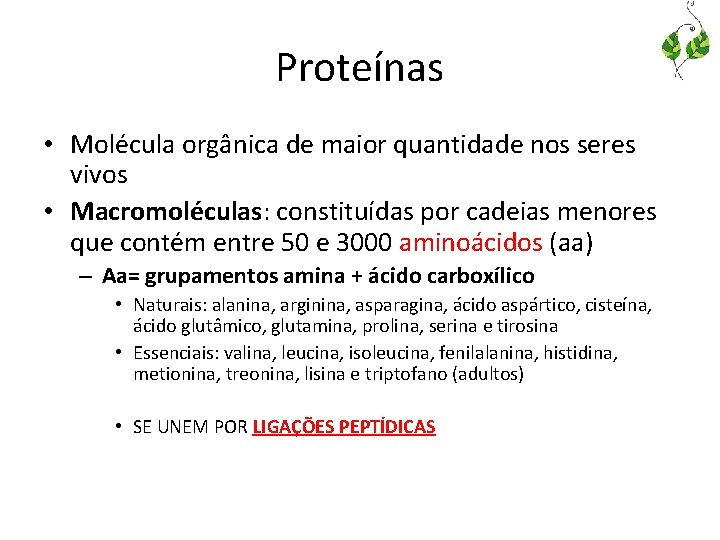 Proteínas • Molécula orgânica de maior quantidade nos seres vivos • Macromoléculas: constituídas por