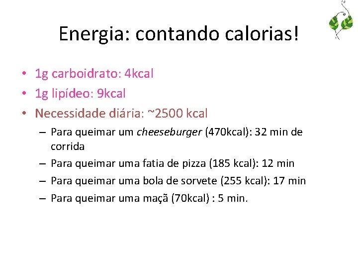 Energia: contando calorias! • 1 g carboidrato: 4 kcal • 1 g lipídeo: 9