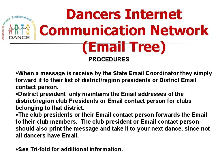 Dancers Internet Communication Network (Email Tree) PROCEDURES When a message is receive by the