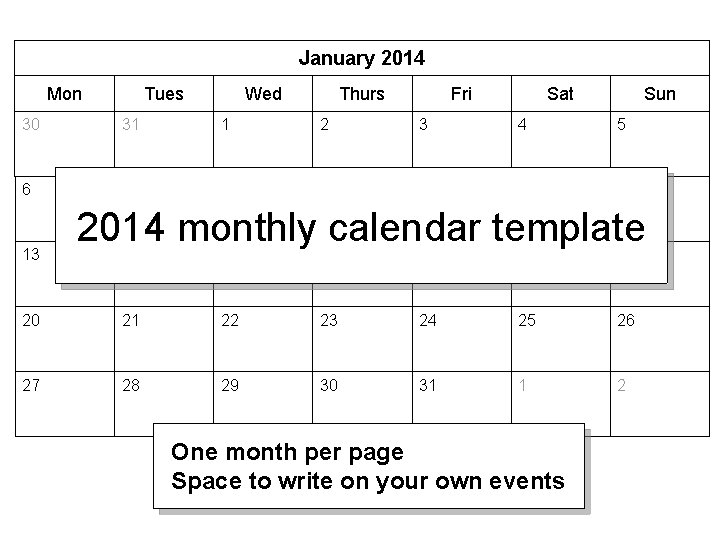 January 2014 Mon Tues Wed Thurs Fri Sat Sun 30 31 1 2 3