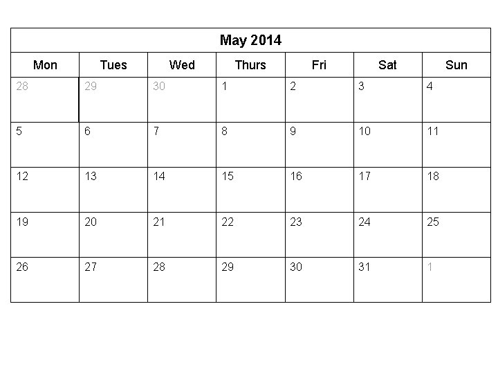 May 2014 Mon Tues Wed Thurs Fri Sat Sun 28 29 30 1 2