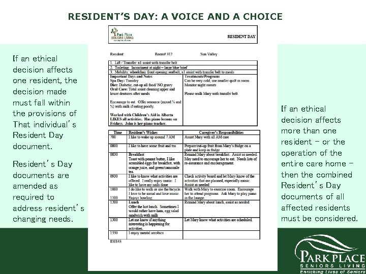 RESIDENT’S DAY: A VOICE AND A CHOICE If an ethical decision affects one resident,