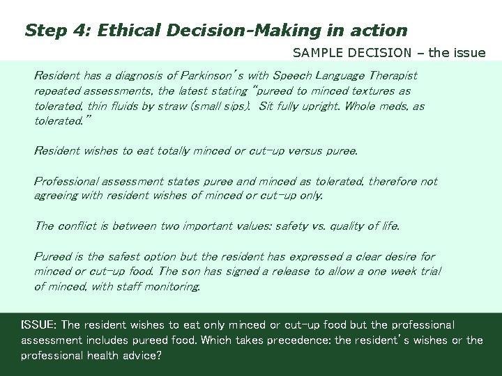 Step 4: Ethical Decision-Making in action SAMPLE DECISION – the issue Resident has a