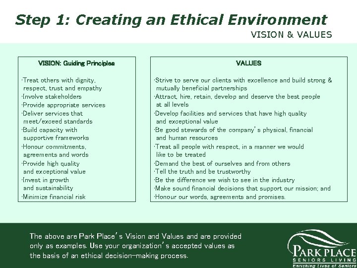 Step 1: Creating an Ethical Environment VISION & VALUES VISION: Guiding Principles • Treat