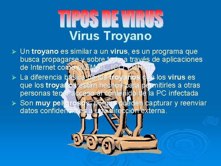Virus Troyano Un troyano es similar a un virus, es un programa que busca