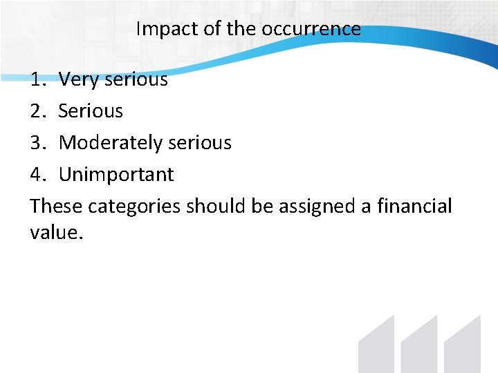 Impact of the occurrence 1. Very serious 2. Serious 3. Moderately serious 4. Unimportant Impact of the occurrence 1. Very serious 2. Serious 3. Moderately serious 4. Unimportant