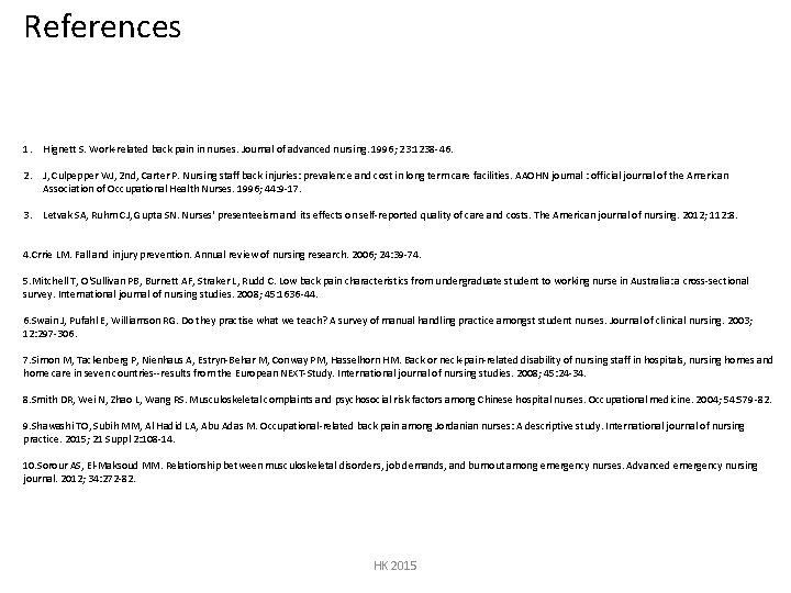 References 1. Hignett S. Work-related back pain in nurses. Journal of advanced nursing. 1996;