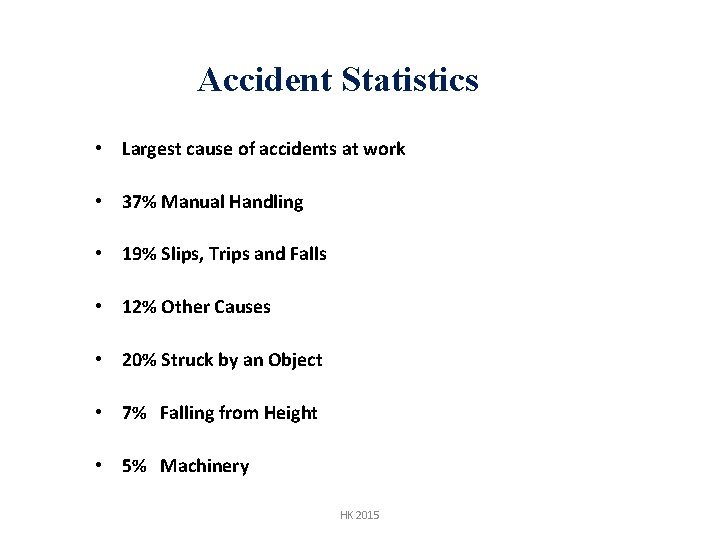 Accident Statistics • Largest cause of accidents at work • 37% Manual Handling •