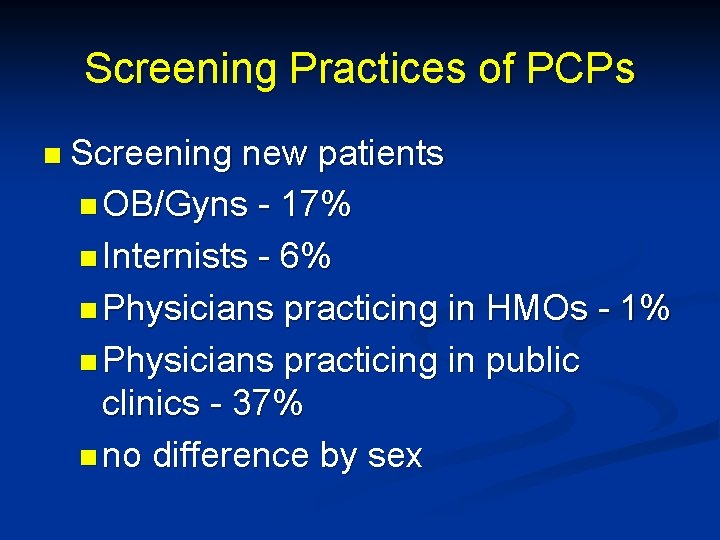 Screening Practices of PCPs n Screening new patients n OB/Gyns - 17% n Internists