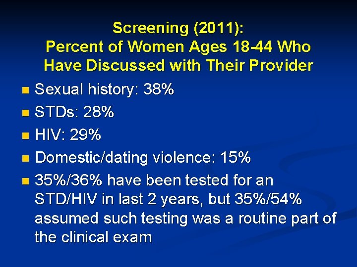 Screening (2011): Percent of Women Ages 18 -44 Who Have Discussed with Their Provider