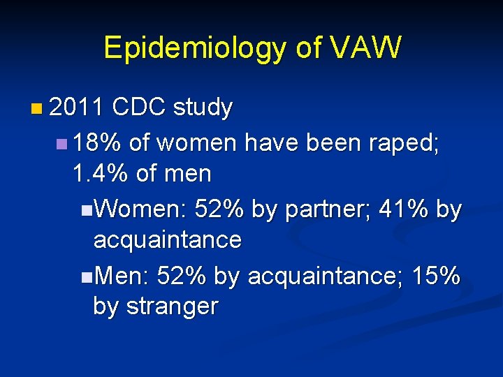 Epidemiology of VAW n 2011 CDC study n 18% of women have been raped;