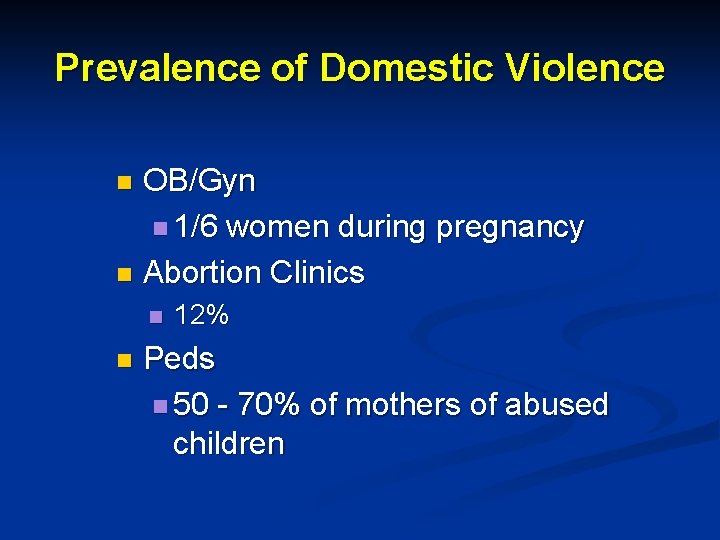 Prevalence of Domestic Violence OB/Gyn n 1/6 women during pregnancy n Abortion Clinics n