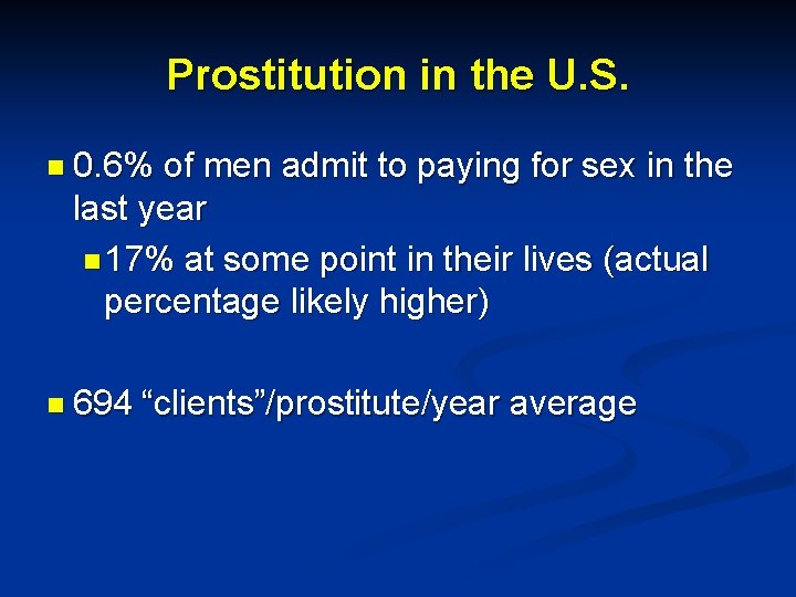 Prostitution in the U. S. n 0. 6% of men admit to paying for