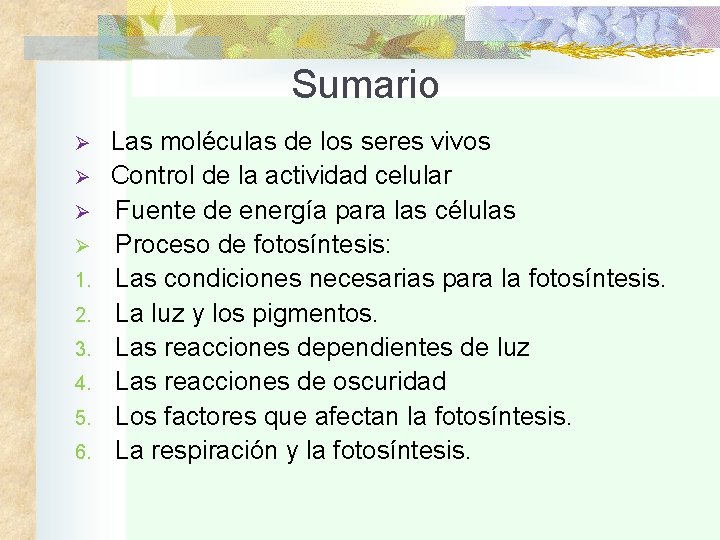 Sumario Ø Ø 1. 2. 3. 4. 5. 6. Las moléculas de los seres