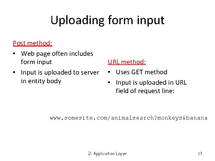 Uploading form input Post method: • Web page often includes form input • Input