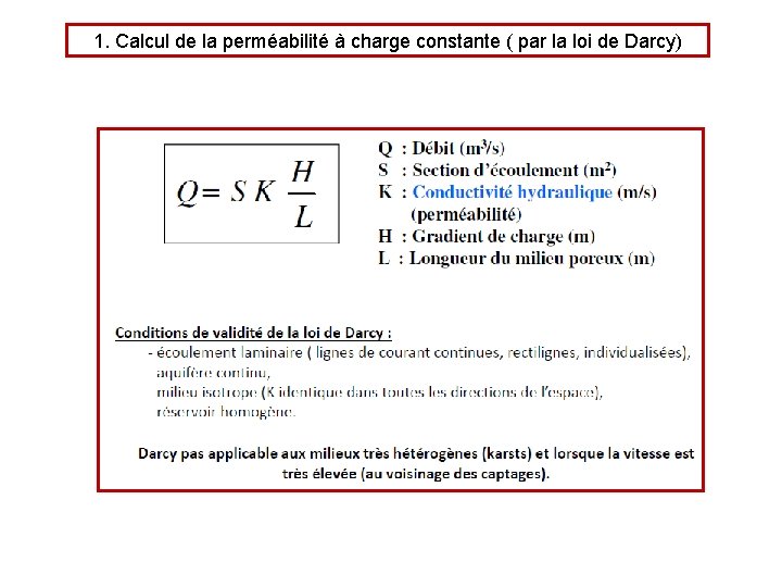 1. Calcul de la perméabilité à charge constante ( par la loi de Darcy)