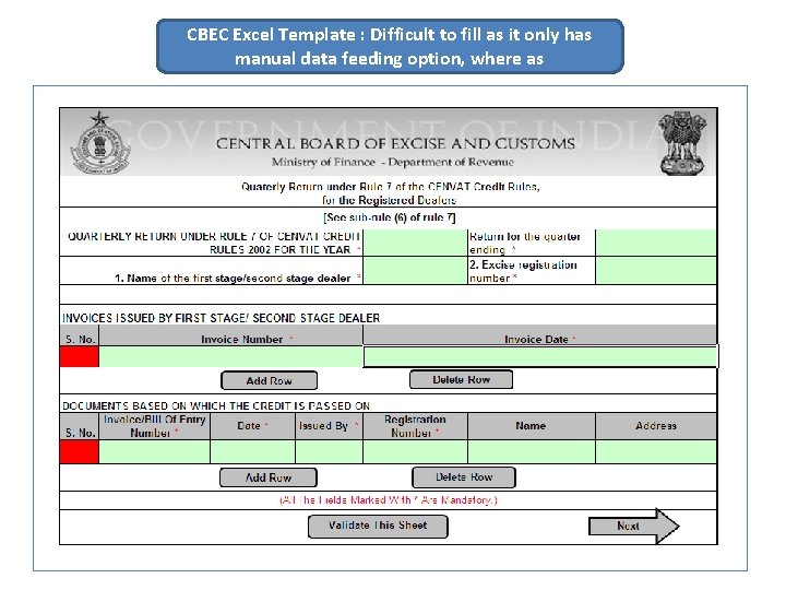 CBEC Excel Template : Difficult to fill as it only has manual data feeding