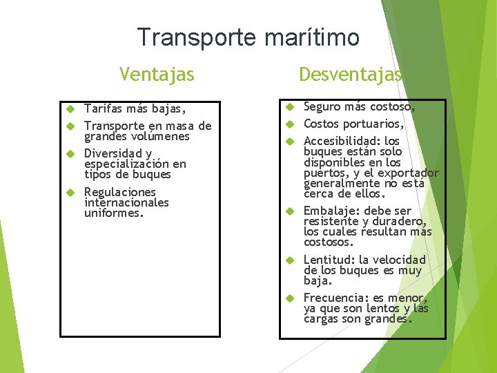 Transporte marítimo Ventajas Tarifas más bajas, Transporte en masa de grandes volúmenes Diversidad y