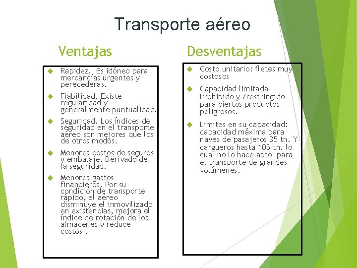 Transporte aéreo Ventajas Rapidez. Es idóneo para mercancías urgentes y perecederas. Fiabilidad. Existe regularidad