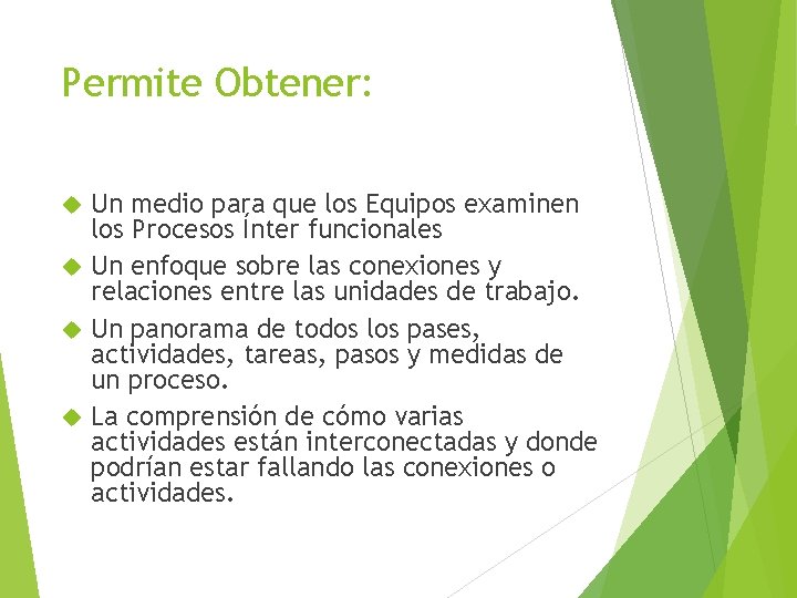 Permite Obtener: Un medio para que los Equipos examinen los Procesos Ínter funcionales Un