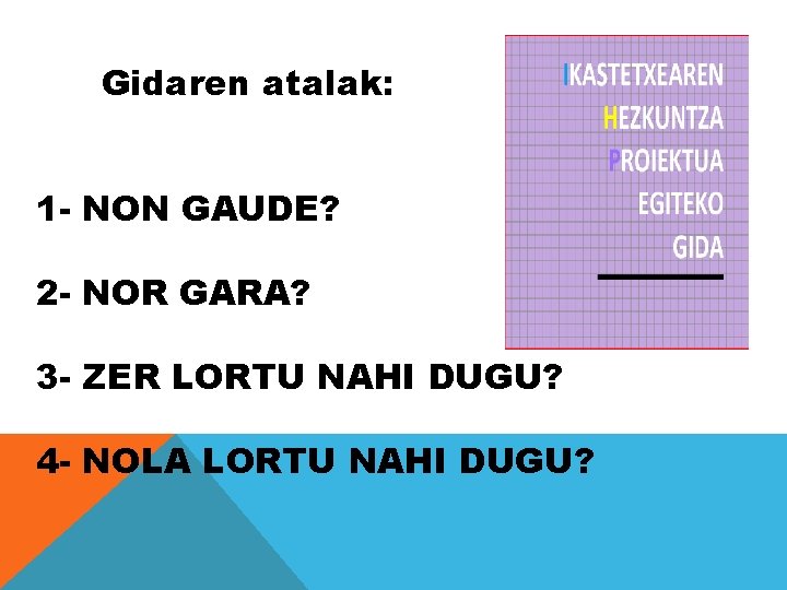 Gidaren atalak: 1 - NON GAUDE? 2 - NOR GARA? 3 - ZER LORTU Gidaren atalak: 1 - NON GAUDE? 2 - NOR GARA? 3 - ZER LORTU