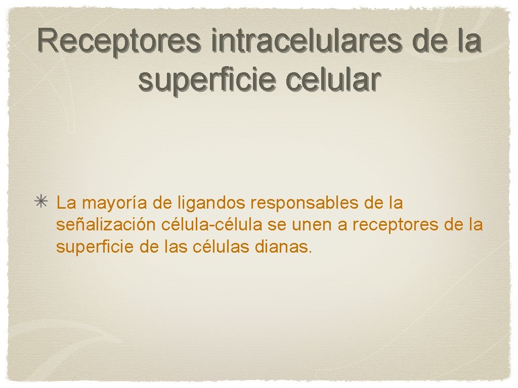 Receptores intracelulares de la superficie celular La mayoría de ligandos responsables de la señalización