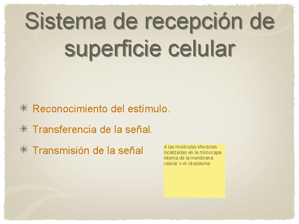 Sistema de recepción de superficie celular Reconocimiento del estímulo. Transferencia de la señal. Transmisión