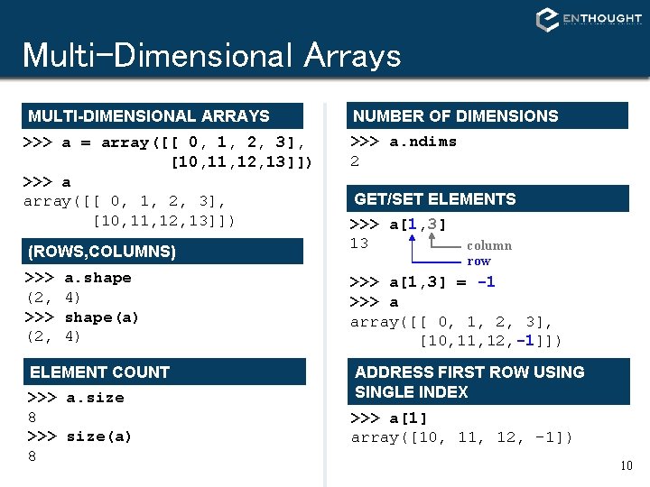 Multi-Dimensional Arrays MULTI-DIMENSIONAL ARRAYS >>> a = array([[ 0, 1, 2, 3], [10, 11,