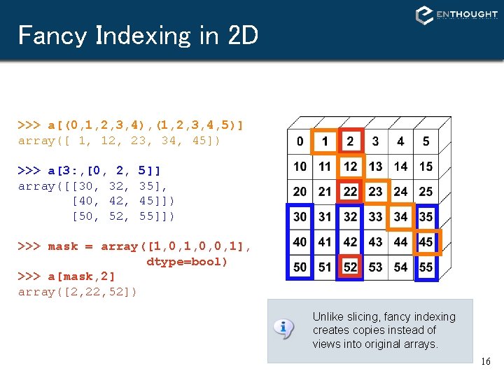 Fancy Indexing in 2 D >>> a[(0, 1, 2, 3, 4), (1, 2, 3, Fancy Indexing in 2 D >>> a[(0, 1, 2, 3, 4), (1, 2, 3,