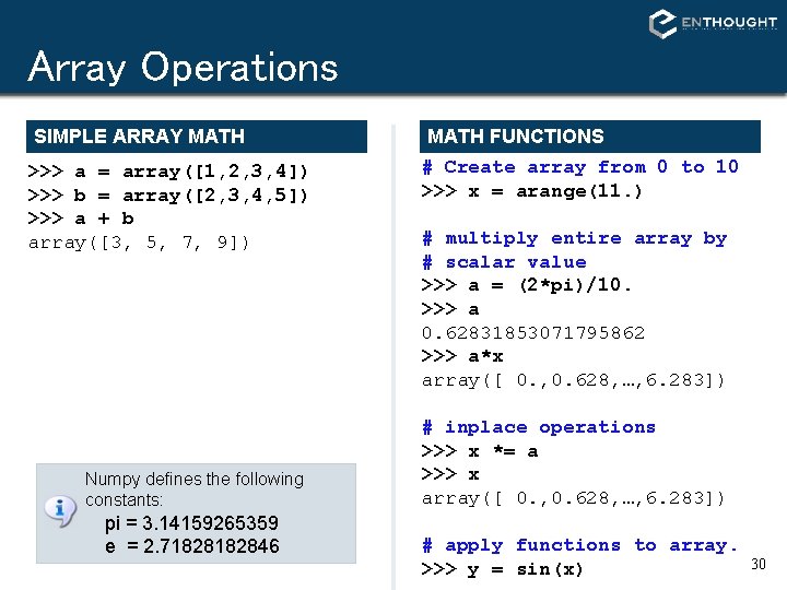 Array Operations SIMPLE ARRAY MATH >>> a = array([1, 2, 3, 4]) >>> b