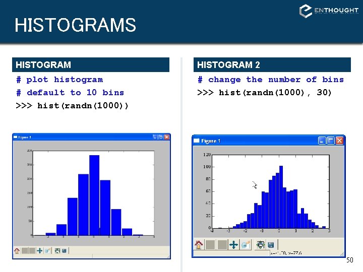 HISTOGRAMS HISTOGRAM 2 # plot histogram # default to 10 bins >>> hist(randn(1000)) # HISTOGRAMS HISTOGRAM 2 # plot histogram # default to 10 bins >>> hist(randn(1000)) #