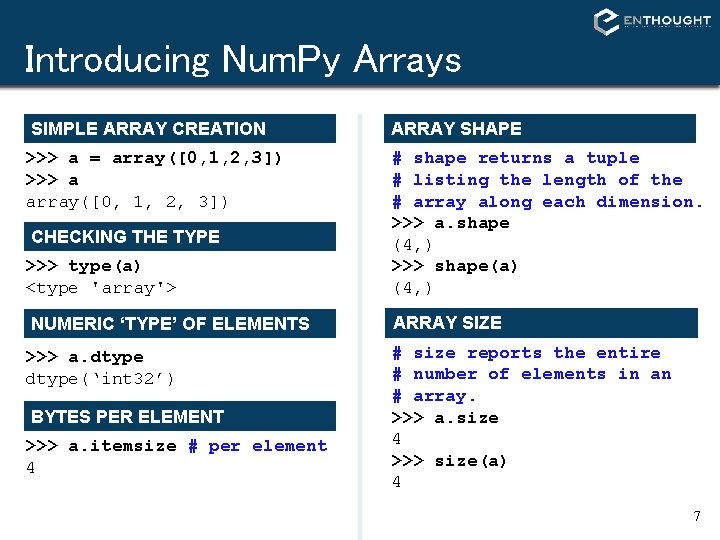 Introducing Num. Py Arrays SIMPLE ARRAY CREATION >>> a = array([0, 1, 2, 3])