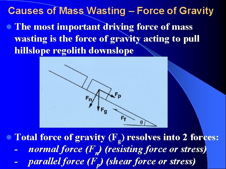 Causes of Mass Wasting – Force of Gravity l The most important driving force