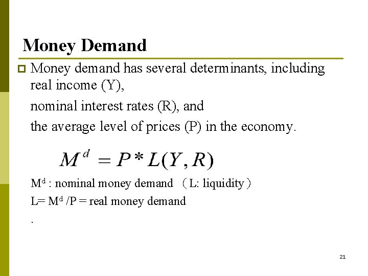Money Demand p Money demand has several determinants, including real income (Y), nominal interest Money Demand p Money demand has several determinants, including real income (Y), nominal interest
