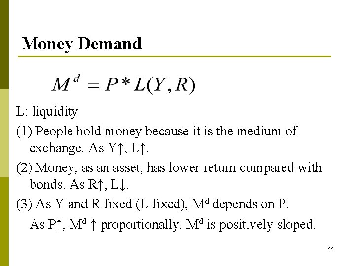 Money Demand L: liquidity (1) People hold money because it is the medium of Money Demand L: liquidity (1) People hold money because it is the medium of