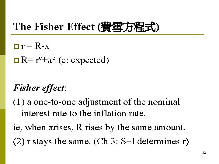 The Fisher Effect (費雪方程式) pr = R-π p R= re+πe (e: expected) Fisher effect: The Fisher Effect (費雪方程式) pr = R-π p R= re+πe (e: expected) Fisher effect:
